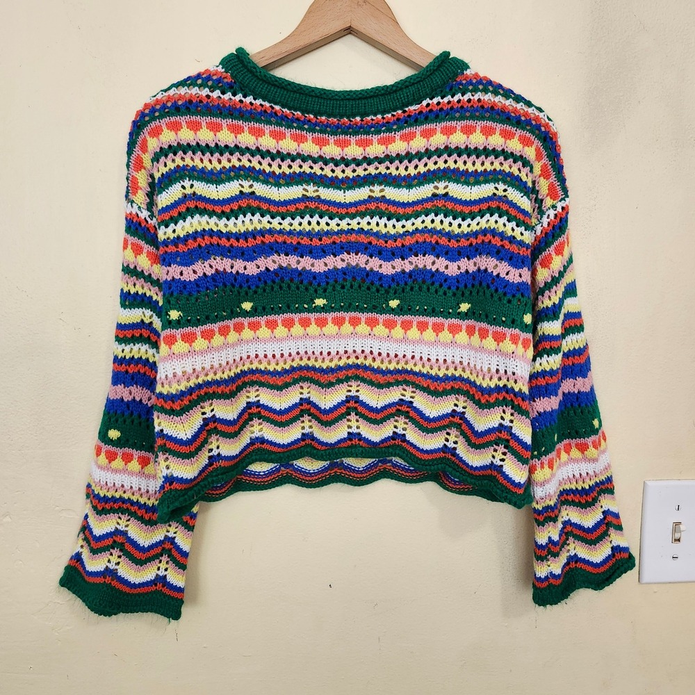 Beginning Boutique Crochet Knit Sweater Womens S/M Multi Color Striped Cropped